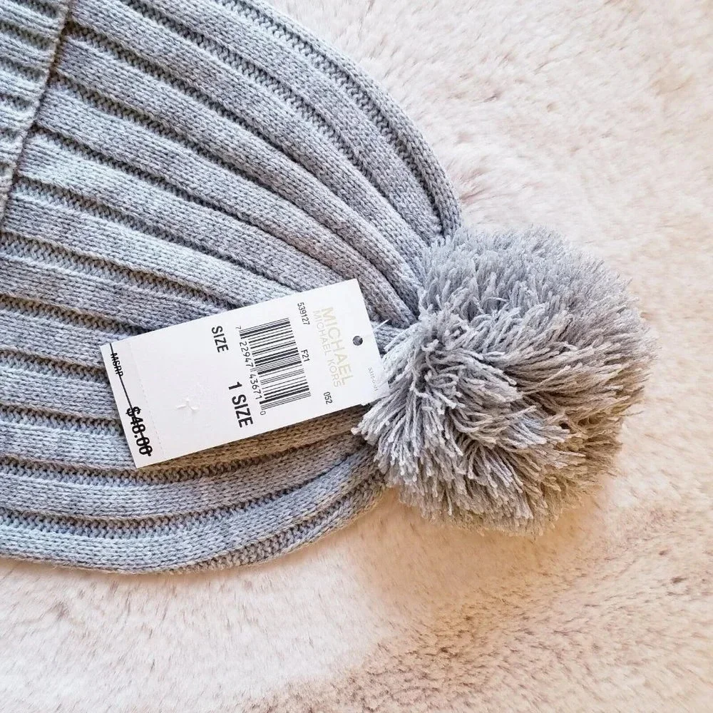 MICHAEL Michael Kors Light Gray Knit Beanie Pom Pom Silver MK One Size H… - Picture 3 of 5